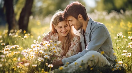 Fototapeta premium a romantic couple in love sits in an embrace on a spring meadow with flowers