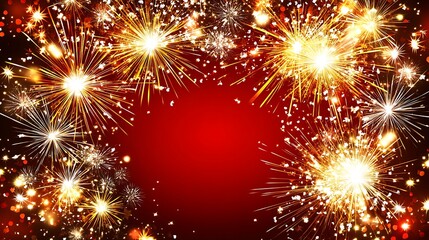 Naklejka premium Festive Golden Fireworks Display Against Red Background