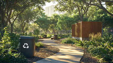 serene park facility with recycling bins, lush greenery, and winding path