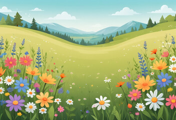 Children's illustration with a meadow of blooming flowers. Spring meadow with wildflowers. Summer natural landscape Conceptual design of a children's room.