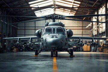 Military helicopter positioned inside an aircraft hangar during maintenance checks