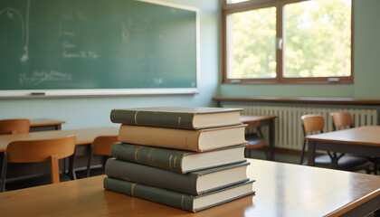 Stack of textbooks on desk in classroom with chalkboard in the background