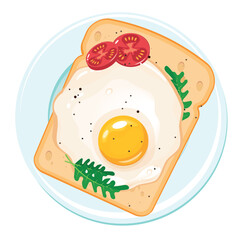 Breakfast Healthy food, sandwich with fried egg. Food clipart, design element. Healthy Breakfast with an egg dish green arugula and slices of tomatoes. Food vector