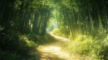 Fototapeta premium Winding path through a serene bamboo grove with enchanting sunlight