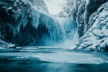 Frozen waterfall, icy cliffs, winter landscape.