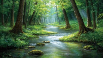 Obraz premium A serene forest stream bathed in sunlight. Ideal for nature lovers seeking tranquility and peace. Use for backgrounds, wall art, or meditation aids.