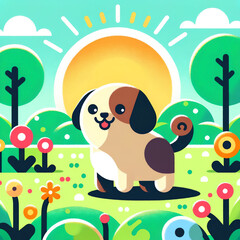 Adorable Cartoon Dog in a Bright Sunny Landscape with Colorful Flowers and Playful Scenery