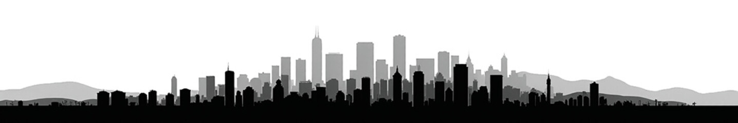 Obraz premium Silhouette of a modern city skyline against a stark white background, showcasing a blend of skyscrapers and mountain outlines.