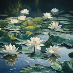 Serene water lilies bloom on a calm pond, their white petals reflecting in the still water.