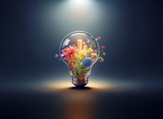 A light bulb filled with vibrant flowers sits in a spotlight, symbolizing innovative and blossoming ideas.  The image evokes feelings of creativity and growth.