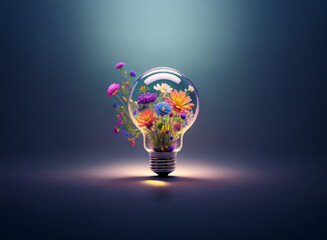 A glowing light bulb filled with vibrant wildflowers, symbolizing innovative and creative ideas blooming brightly.