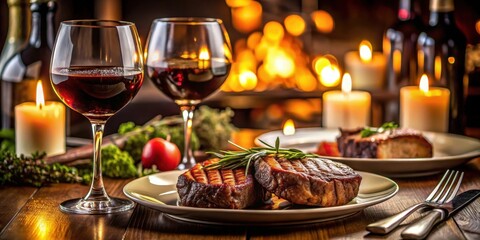 Fototapeta premium Intimate dinner for two with grilled steaks and wine , fine dining, candlelight