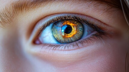 Fototapeta premium Smiling ophthalmologist examines child's eye with reflection visible in pupil