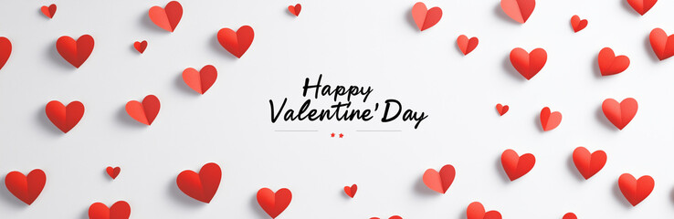 Elegant Red Hearts and "Happy Valentine's Day" Text on White Background, Romantic Design for Online Banner or Social Media, Ideal for Love-Themed Valentine's Day Graphics.