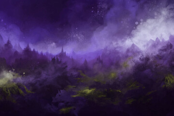 Abstract landscape painting, purple hues, misty mountains, atmospheric depth, digital art style, serene ambiance.
