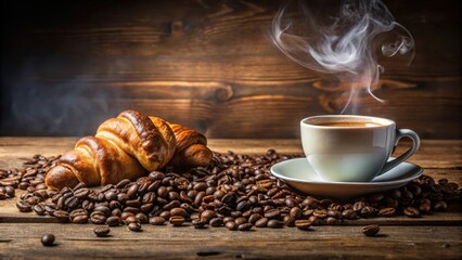 Steam rising from espresso cup surrounded by delicate croissants on a wooden table with scattered coffee beans, beverage, pastry