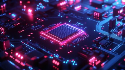 Obraz premium 3D render of a digital circuit board with blinking connection nodes and a central processor glowing in red and blue.
