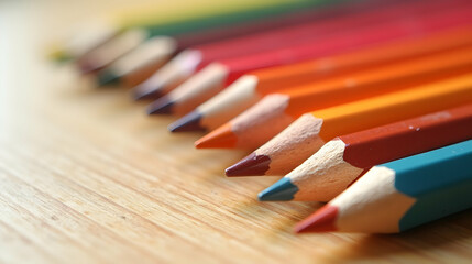 Obraz premium Vibrant colored pencils arranged in a captivating row, sharp points gleaming, inviting creative expression. A spectrum of hues awaits!