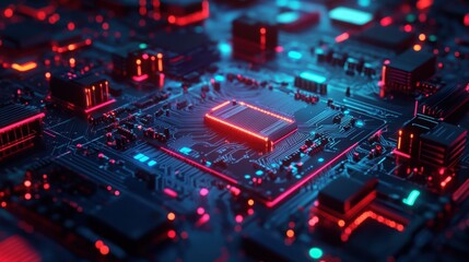 Fototapeta premium 3D render of a digital circuit board with blinking connection nodes and a central processor glowing in red and blue.