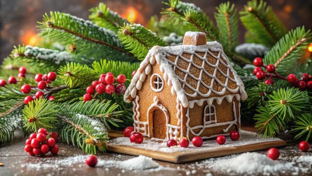 A miniature gingerbread house with icing and candy decorations on a festive holiday table, surrounded by evergreen branches and red berries , home, winter - Powered by Adobe