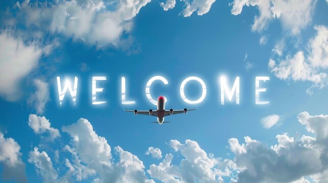 The word "WELCOME" written in the sky with white clouds, as an airplane flies overhead, leaving behind smoke shaped like text, creating a welcoming and imaginative scene.