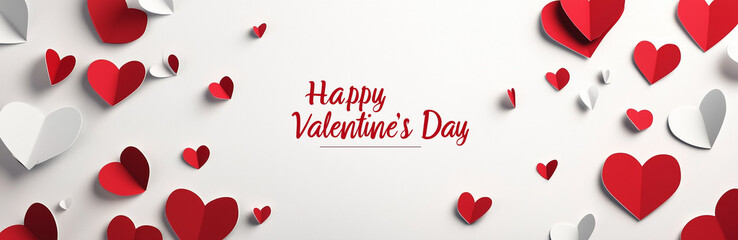 Elegant Red Hearts and "Happy Valentine's Day" Text on White Background, Romantic Design for Online Banner or Social Media, Ideal for Love-Themed Valentine's Day Graphics.