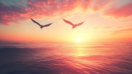 Fototapeta premium Two Birds Soaring Above Sunset Ocean