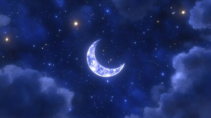 A serene crescent moon glows amidst a starry night sky with wispy clouds. Ideal for sleep apps, meditation guides, or children's night light projectors.