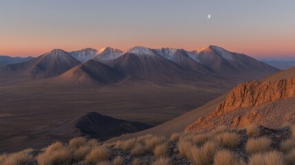 Naklejka premium Snow-capped mountains rise against a dusky sky with a crescent moon. Tussock grass dots the foreground of this tranquil desert landscape.