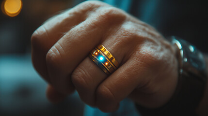 smart ring on a finger, symbolizing the integration of technology and personal health. The ring monitors vital data, representing modern advancements in wearable tech and wellness