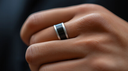 smart ring on a finger, symbolizing the integration of technology and personal health. The ring monitors vital data, representing modern advancements in wearable tech and wellness