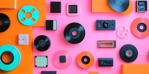 A vibrant arrangement of retro media items showcases the nostalgia of vintage technology. This colorful flat lay features records and cassette tapes set against a pink backdrop. AI
