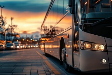Naklejka premium Large bus parked, sunset, city street, blurred background.