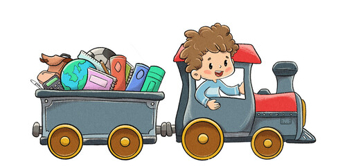 Adorable child driving a train filled with school and hobby items
