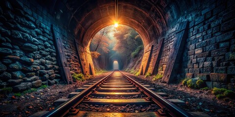 Obraz premium Mysterious Train Tunnel: Dark Railway Tracks Vanishing into Shadow