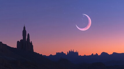 A mystical desert landscape at sunset with a crescent moon. Ideal for fantasy, sci-fi, or spiritual projects. Use as wallpaper or book cover art.