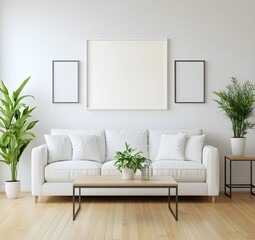 An empty rectangular frame mockup, placed on the wall of a living room with a white sofa and coffee table, wooden floor, a plant beside the couch, white walls, and no windows. High resolution. 
