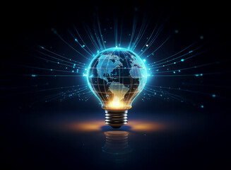 A glowing lightbulb reveals a digital Earth, radiating energy and data streams.  It symbolizes global connectivity and innovative ideas.