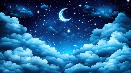 Dreamy night sky with crescent moon, stars, and fluffy clouds. Ideal for calming backgrounds, sleep apps, or children's illustrations.