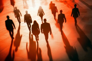 Fototapeta premium Silhouettes walking, long shadows, orange ground.