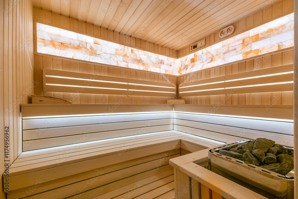 Wall mural A traditional sauna made of light wood with benches and a heating element. Stylish design. Soft lighting.