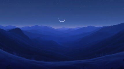 A serene crescent moon illuminates a tranquil night landscape of rolling blue hills. Ideal for calming backgrounds or sleep-related apps.