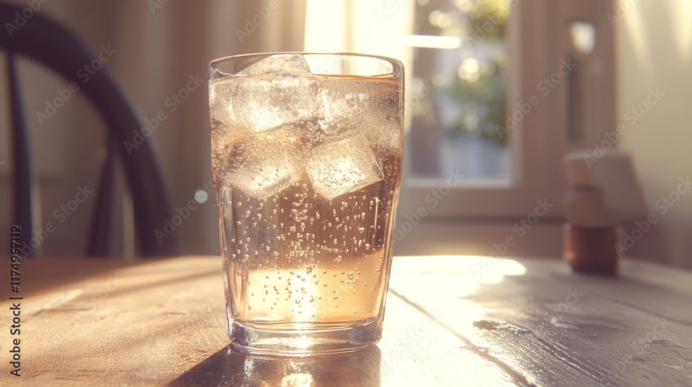 Poster a close-up shot of a glass filled with sparkling soda and ice cubes, with bubbles rising to the surf