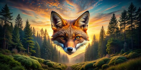 Fototapeta premium Mystical Fox Mask Double Exposure: Nature and Spirit Unite