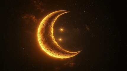 Fototapeta premium A glowing golden crescent moon against a starry night sky. Ideal for Ramadan, Eid, or other celestial-themed projects.