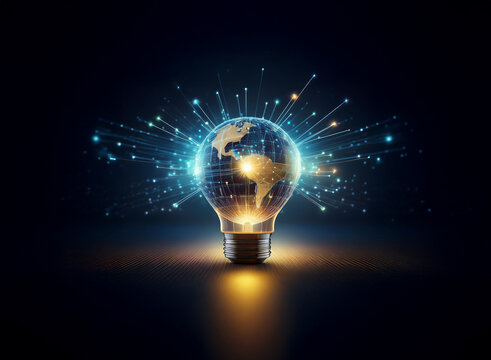 A glowing light bulb reveals a digital Earth, radiating energy and connections across the globe. The image symbolizes global innovation and interconnectedness.