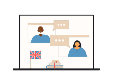 Learning uk english online school for adult. Practice and training pronunciation, and other skills of foreign language. Laptop with British flag isolated on white background. Vector flat illustration.