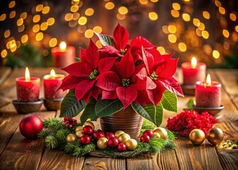 Festive Holiday Table Centerpiece with Poinsettia Blooms & Candles - Bokeh Effect Stock Photo