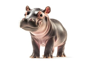 Obraz premium A realistic standing baby hippopotamus with a large head and big ears, isolated on a white background, high-resolution photography. 