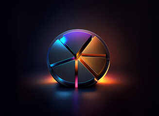 Obraz premium A metallic sphere, segmented into pie chart sections, glows with vibrant neon light against a dark background. The segments are various metallic colors, reflecting the light.